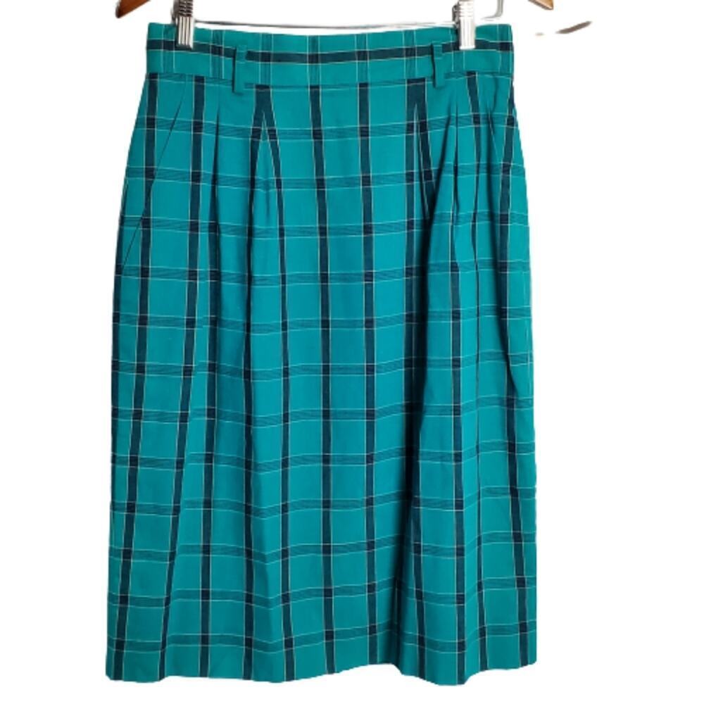 Jones New York Vintage Skirt Womens Med Blue Plaid 90s Linen Preppy Academia